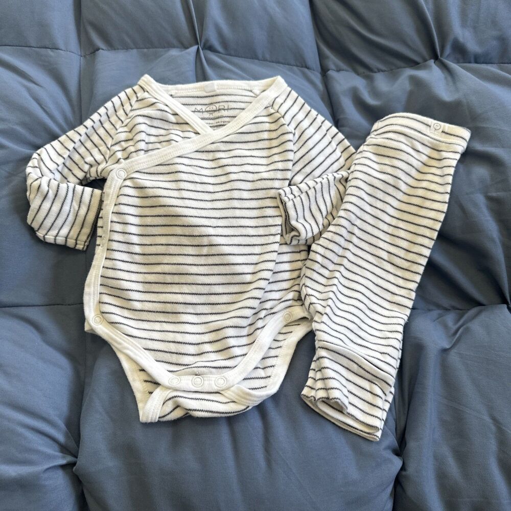Mori Baby 3-6 Months Striped Wrap Set Bodysuit Pants Gray White